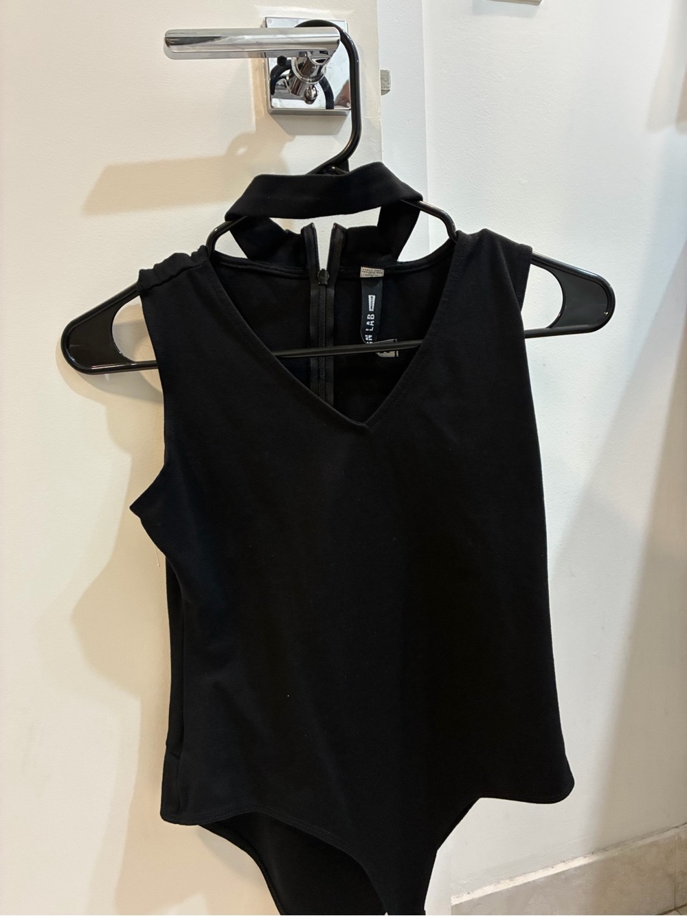 Lord & Taylor Black Sleeveless V-Neck Bodysuit with Choker Detail